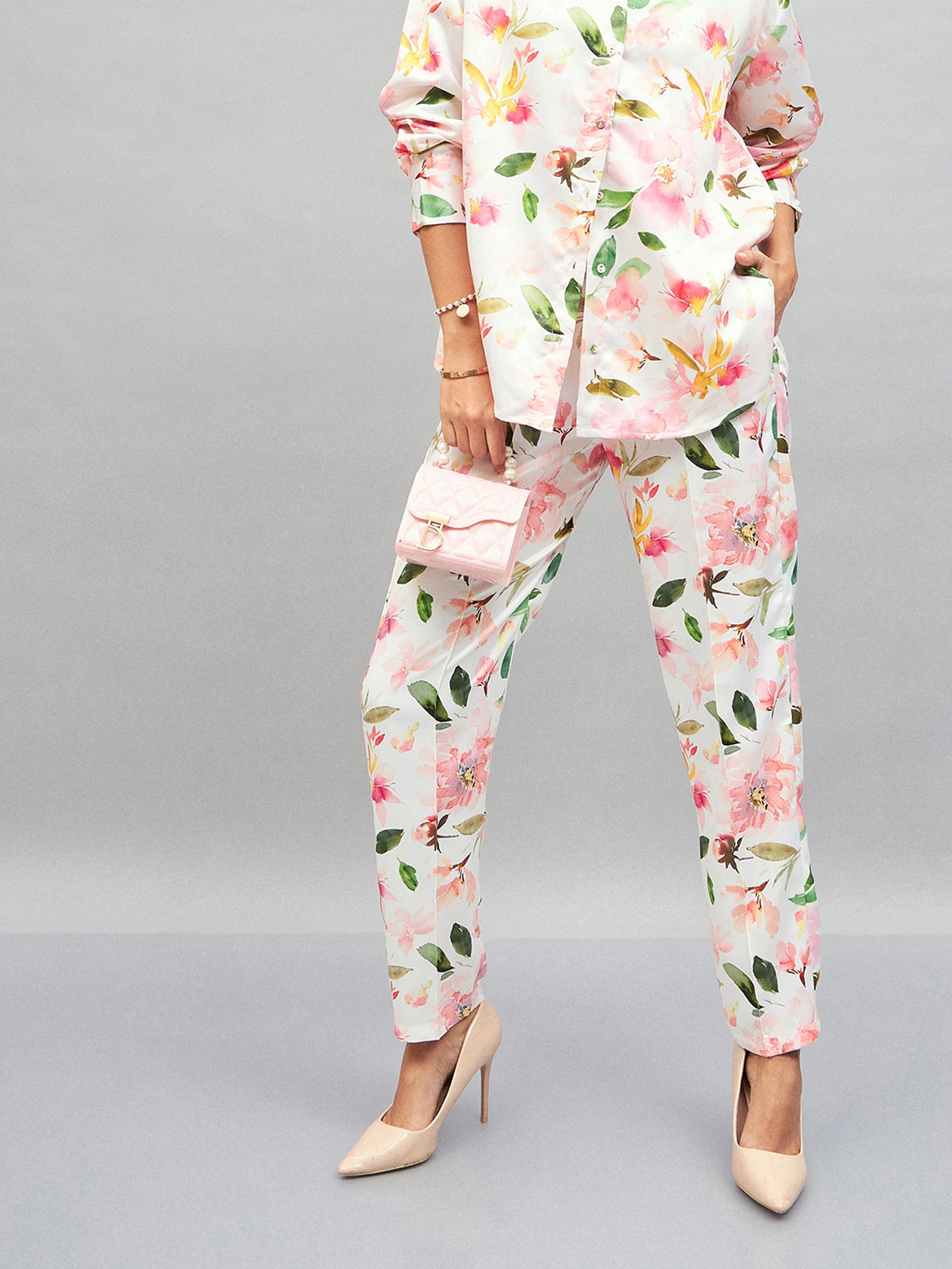 Women White Satin Floral Darted Pants-SFPANT50641