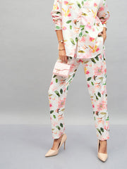 Women White Satin Floral Darted Pants-SFPANT50641