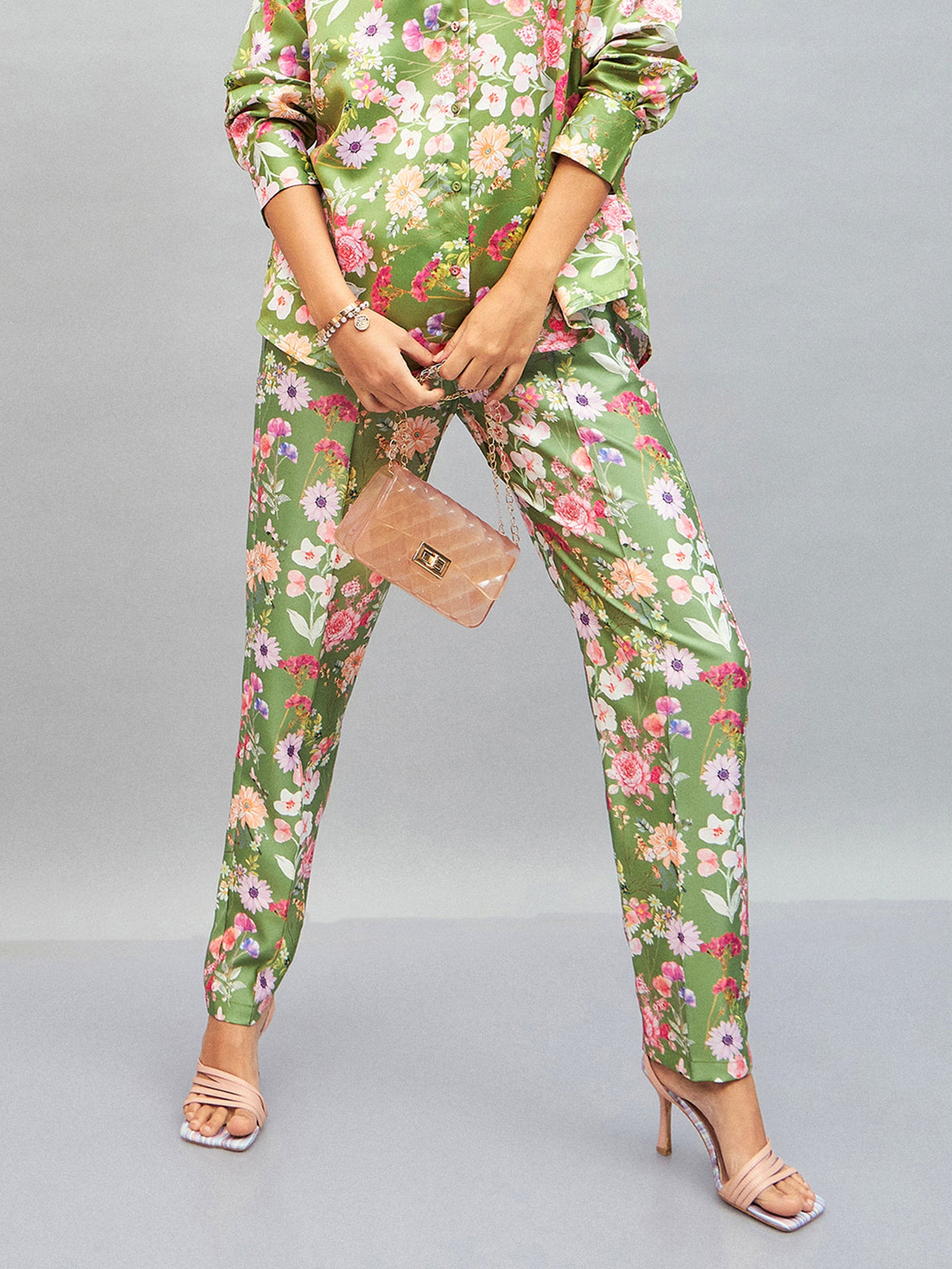 Women Olive Satin Floral Darted Pants-SFPANT50642
