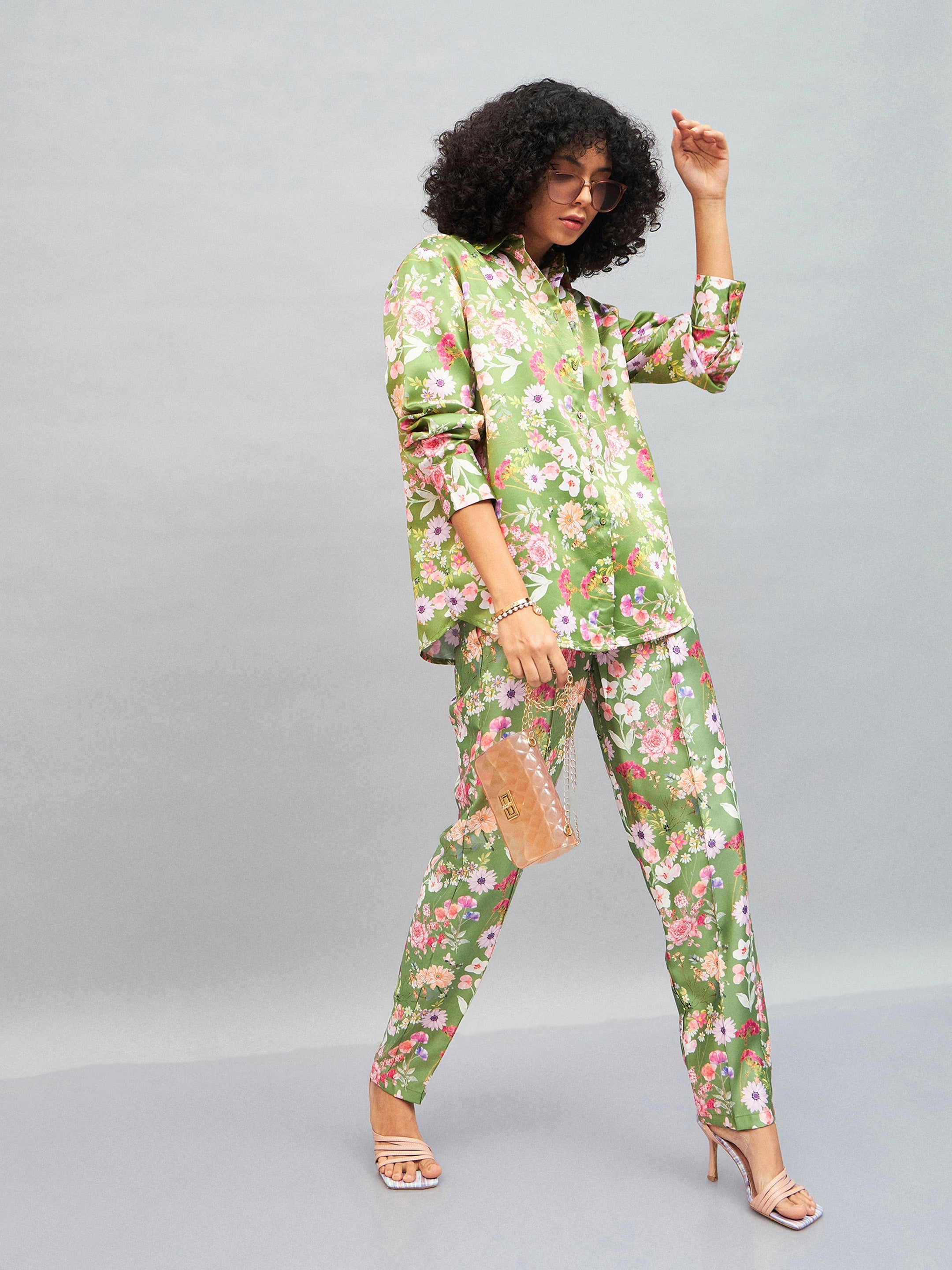 Women Olive Satin Floral Darted Pants-SFPANT50642