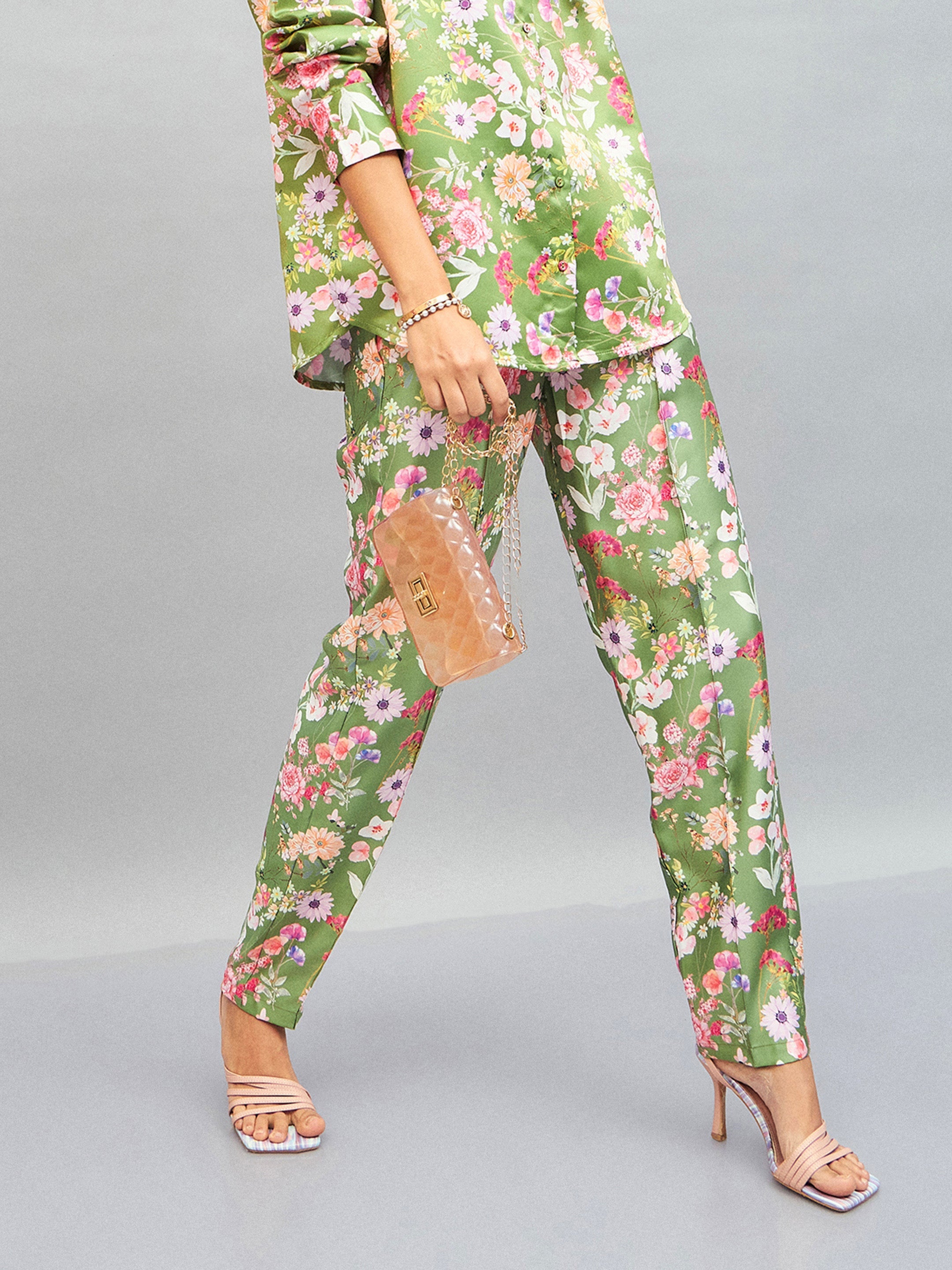 Women Olive Satin Floral Darted Pants-SFPANT50642