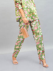 Women Olive Satin Floral Darted Pants-SFPANT50642