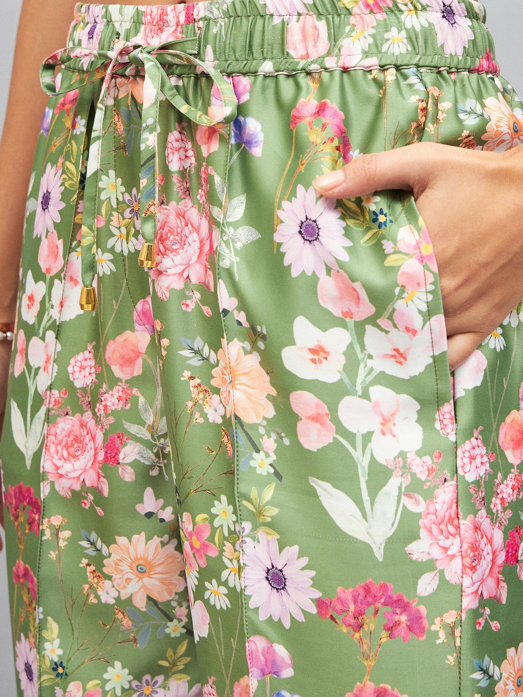 Women Olive Satin Floral Darted Pants-SFPANT50642