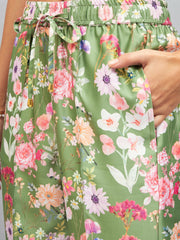 Women Olive Satin Floral Darted Pants-SFPANT50642