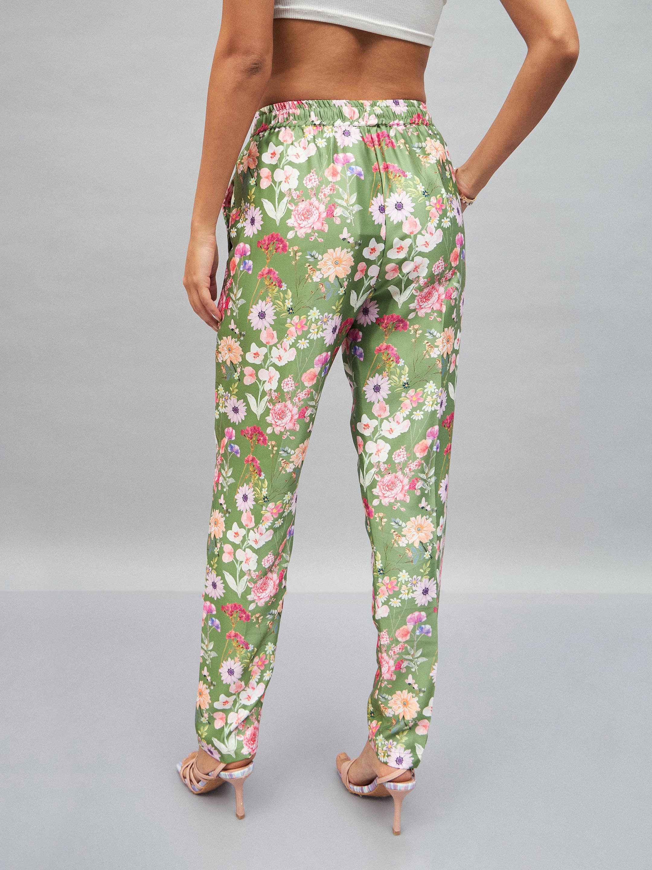 Women Olive Satin Floral Darted Pants-SFPANT50642