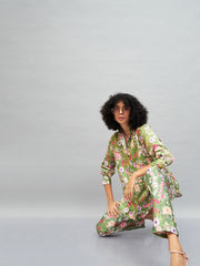Women Olive Satin Floral Darted Pants-SFPANT50642