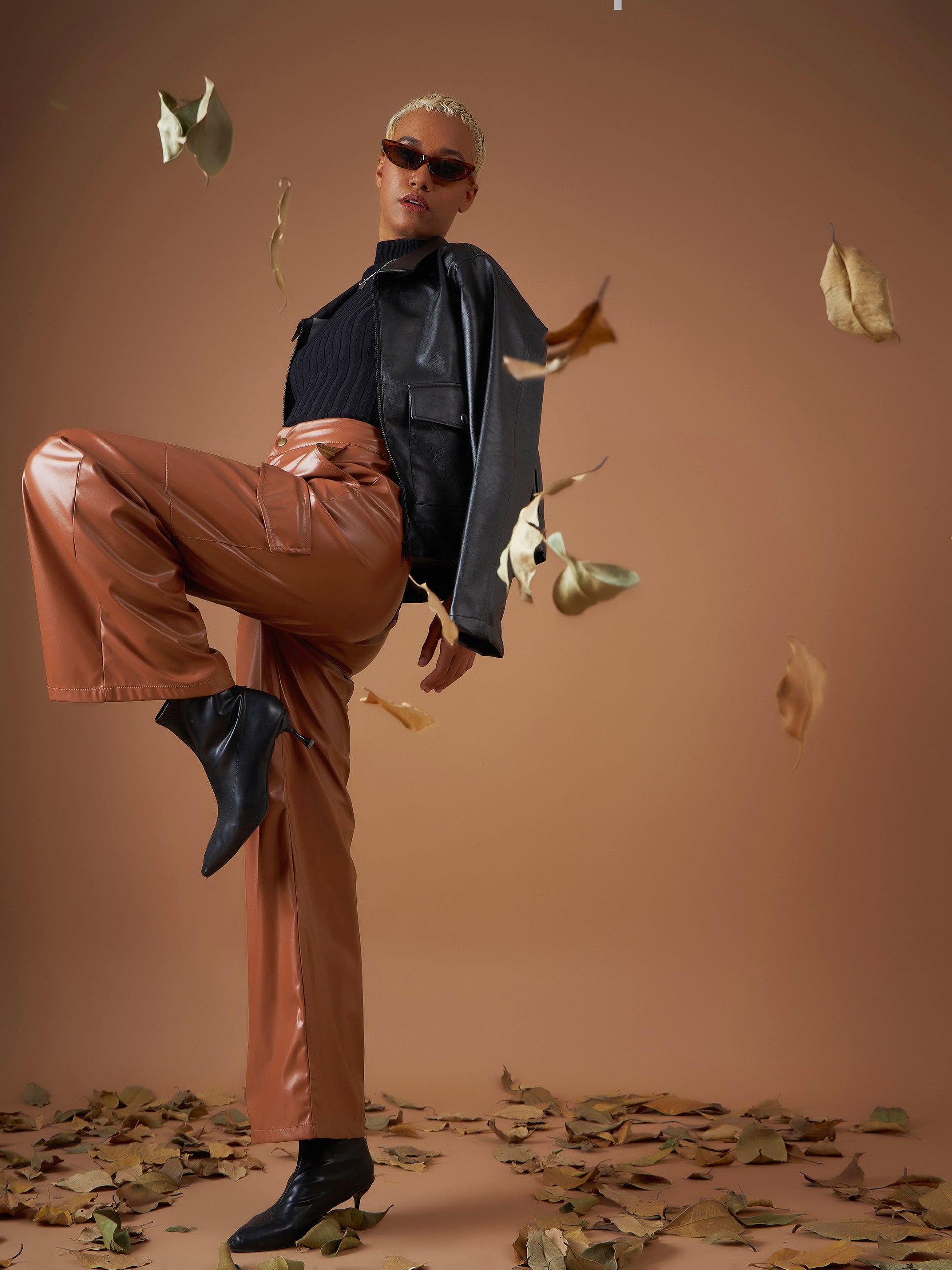 Women Brown PU Flap Pocket Straight Pants-SFPANT50705