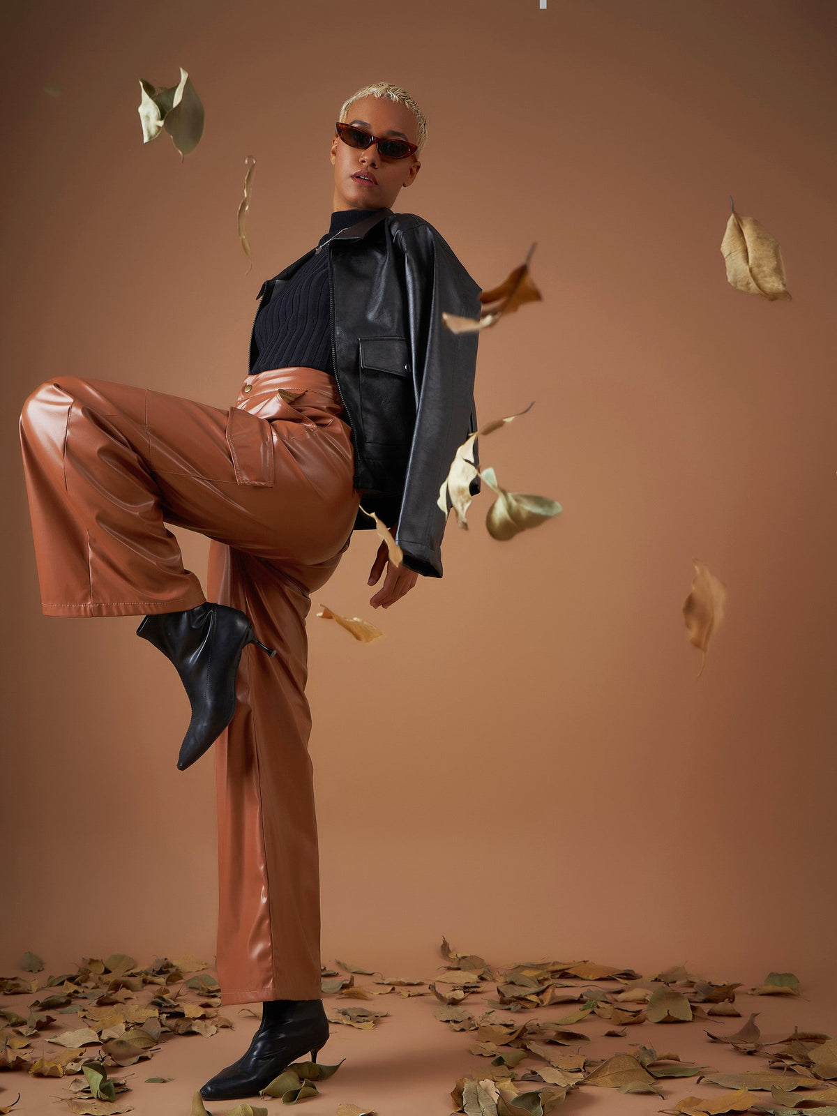 Women Brown PU Flap Pocket Straight Pants-SFPANT50705