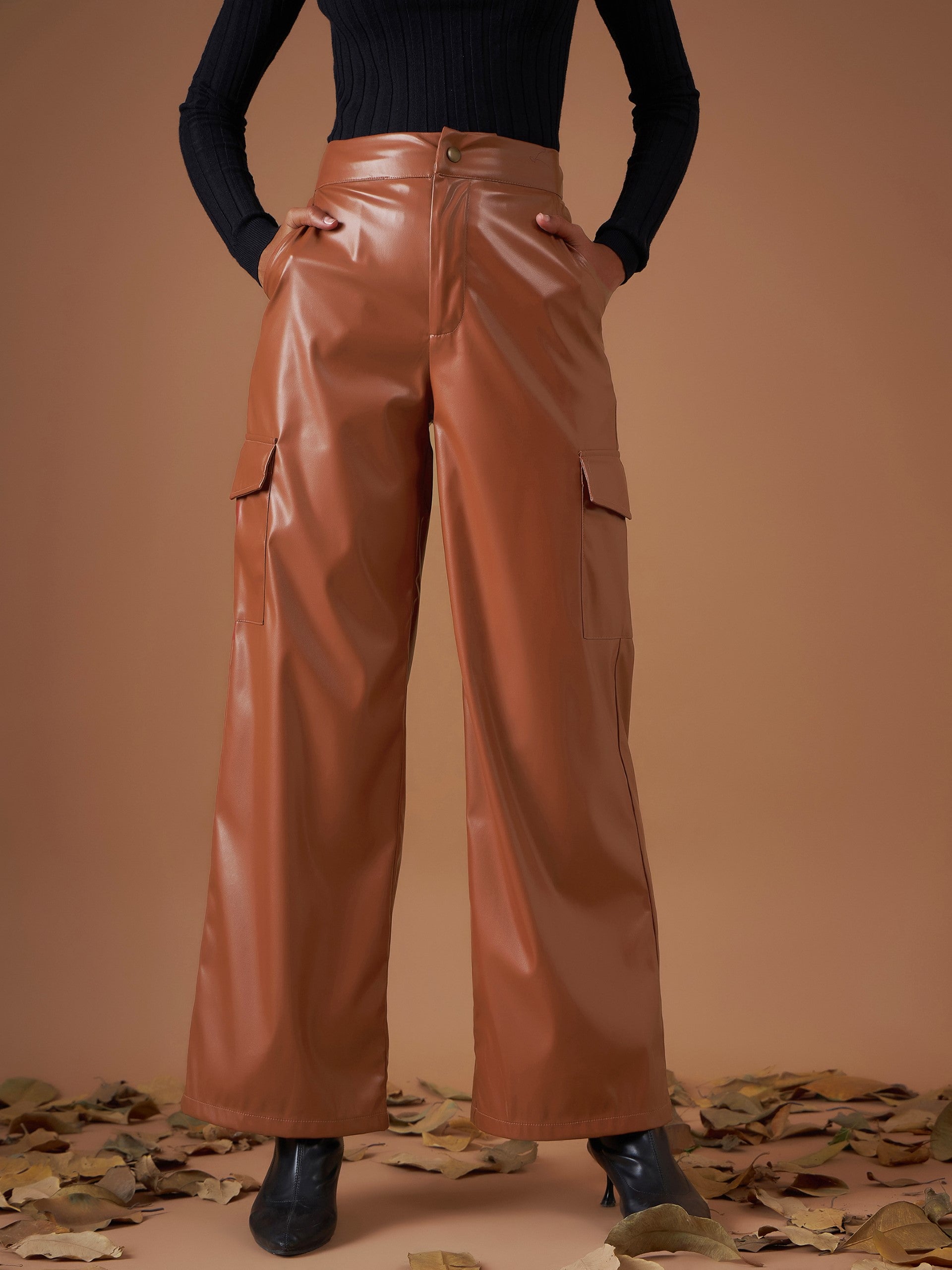 Women Brown PU Flap Pocket Straight Pants-SFPANT50705