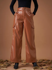 Women Brown PU Flap Pocket Straight Pants-SFPANT50705