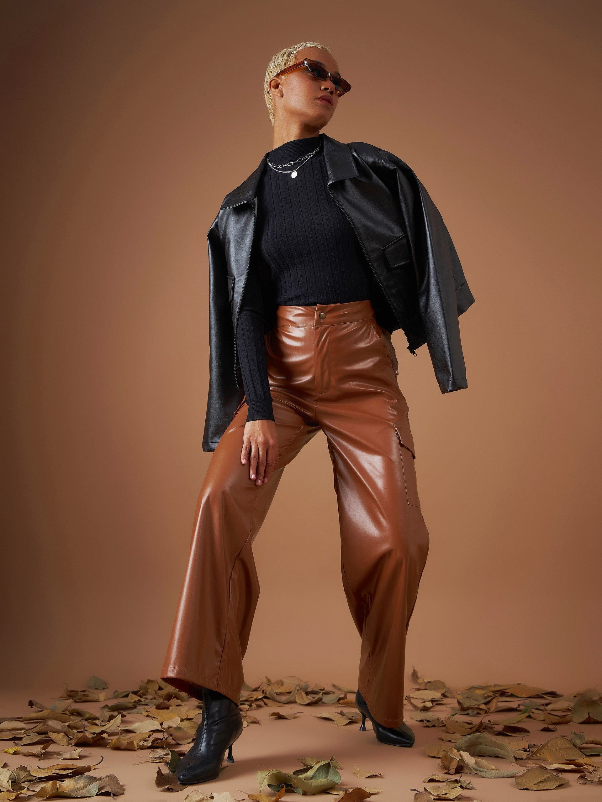 Women Brown PU Flap Pocket Straight Pants-SFPANT50705