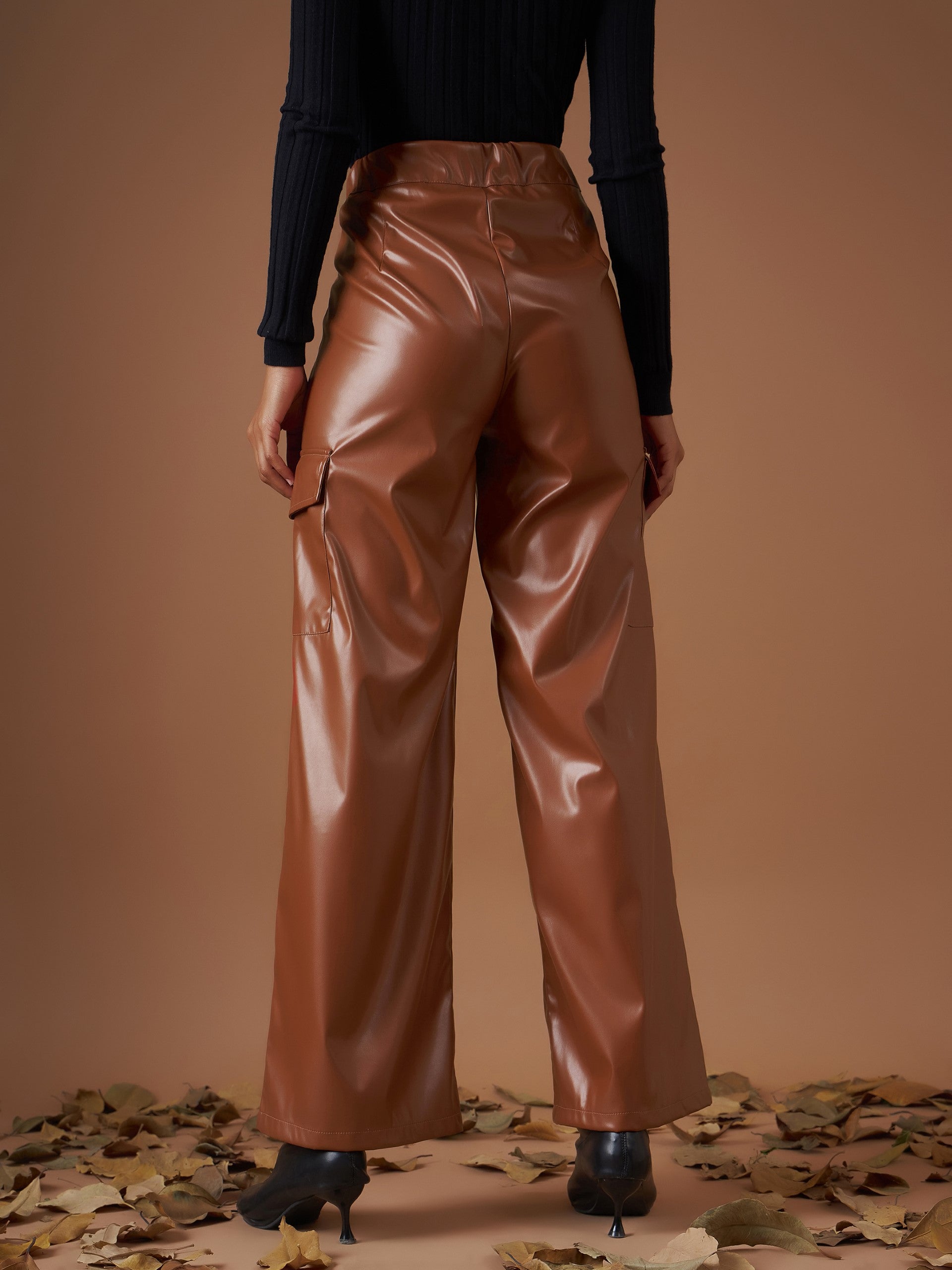 Women Brown PU Flap Pocket Straight Pants-SFPANT50705