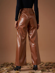 Women Brown PU Flap Pocket Straight Pants-SFPANT50705