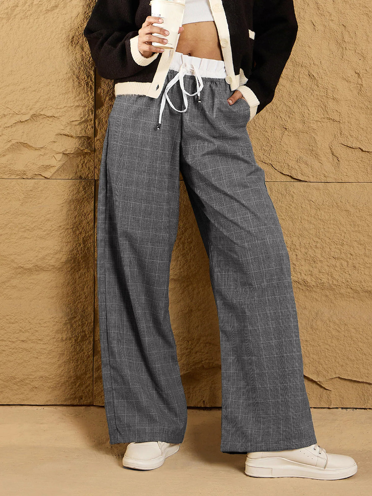 Women Black & Grey Check Contrast Paperback Waist Pants-SFPANT50840