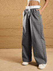 Women Black & Grey Check Contrast Paperback Waist Pants-SFPANT50840
