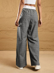 Women Black & Grey Check Contrast Paperback Waist Pants-SFPANT50840