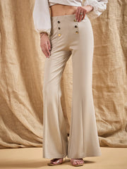 Women Light Beige Front Button Flared Bell Bottom Pants-SFPANT50846