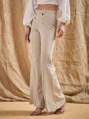 Women Light Beige Front Button Flared Bell Bottom Pants-SFPANT50846