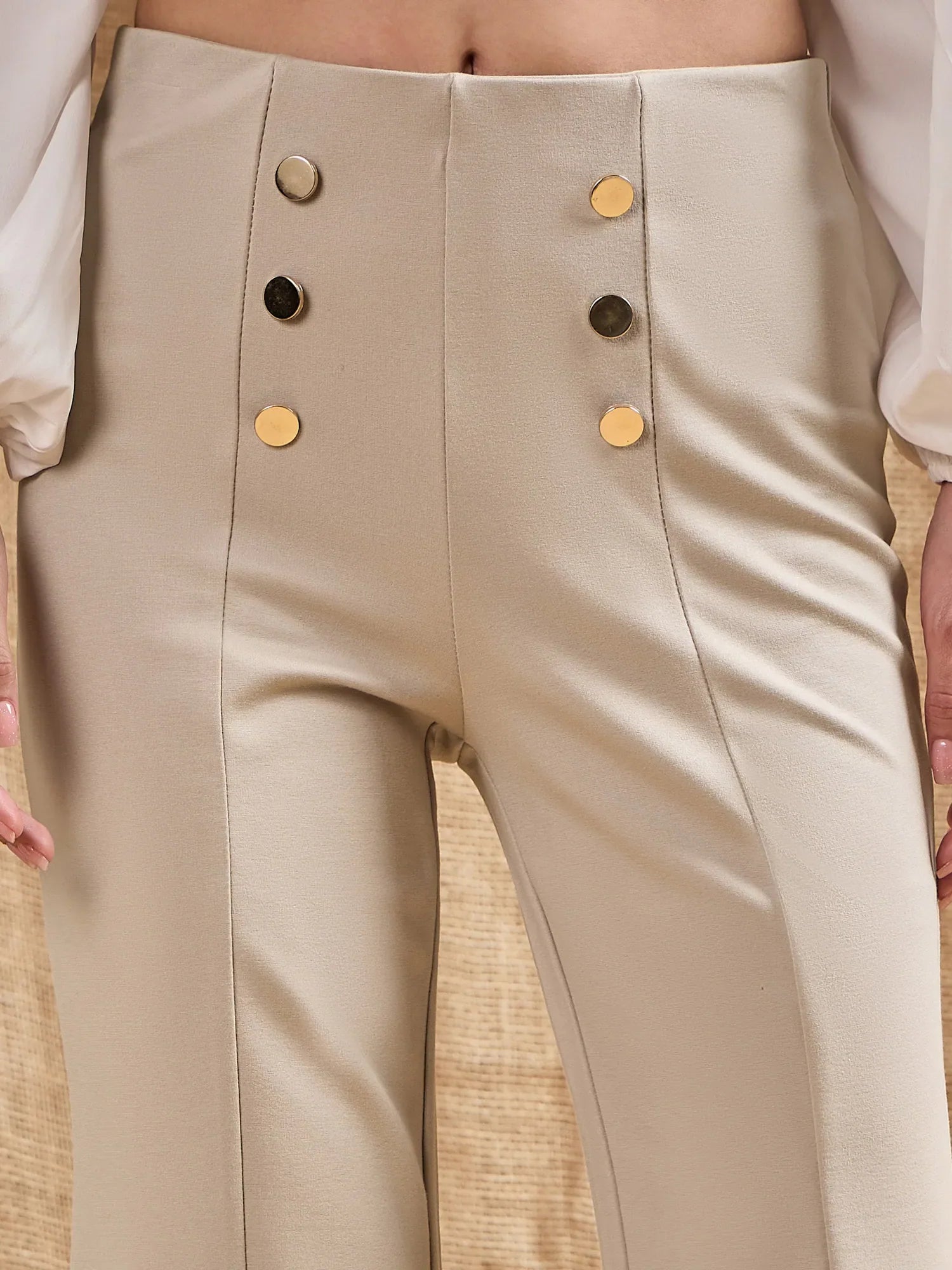 Light Beige Button Front Flared Bell Bottom Pants | Women's