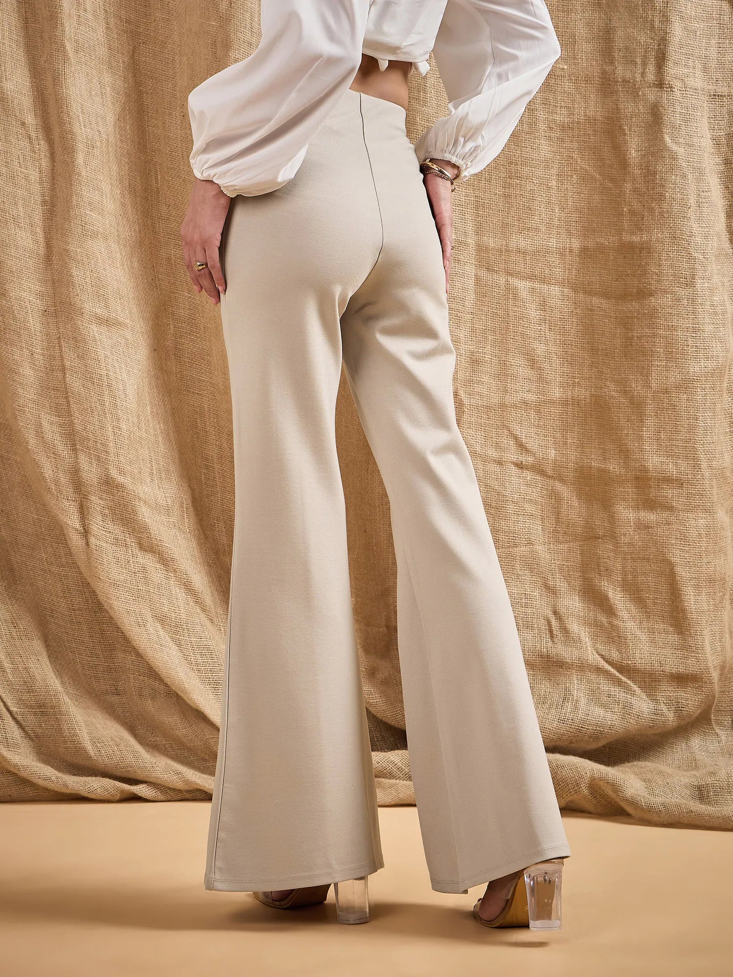 Light Beige Button Front Flared Bell Bottom Pants | Women's