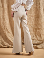 Women Light Beige Front Button Flared Bell Bottom Pants-SFPANT50846