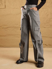 Women Grey Pocket Loop Detail Cargo Pants-SFPANT50851