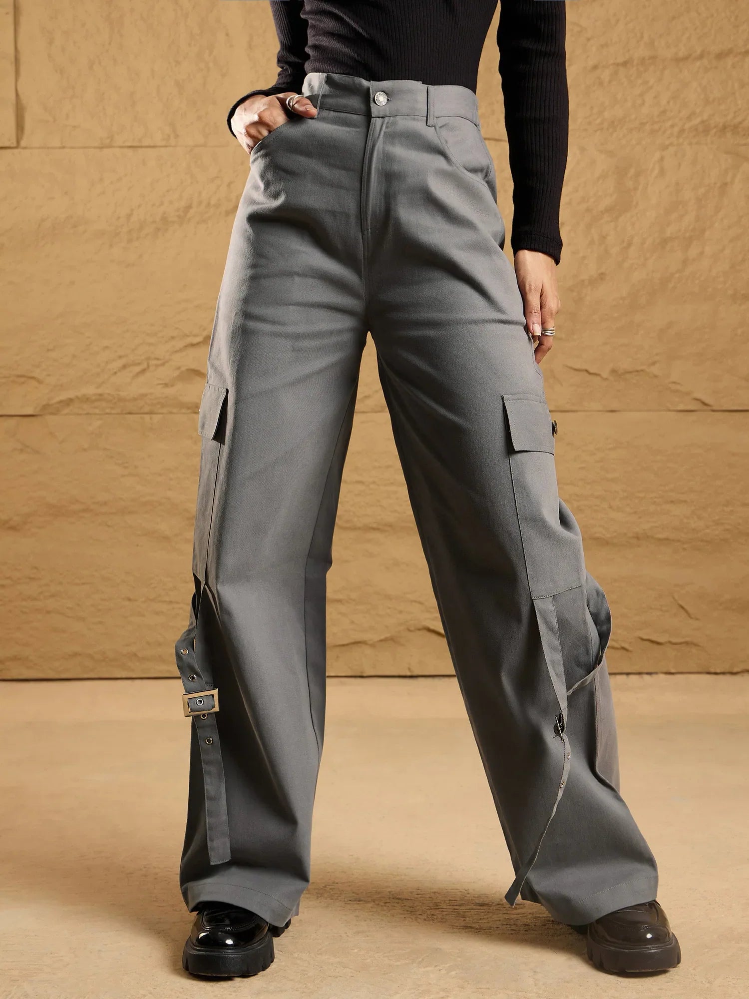 Grey Cargo Pants: Women's Western Wear with Loop Detail