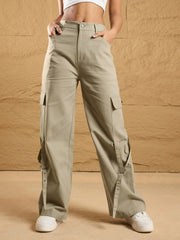 Women Beige Pocket Loop Detail Cargo Pants-SFPANT50852