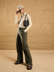Women Olive Front Pocket Straight Fit Pants-SFPANT50853