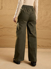 Women Olive Front Pocket Straight Fit Pants-SFPANT50853