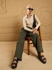 Women Olive Front Pocket Straight Fit Pants-SFPANT50853