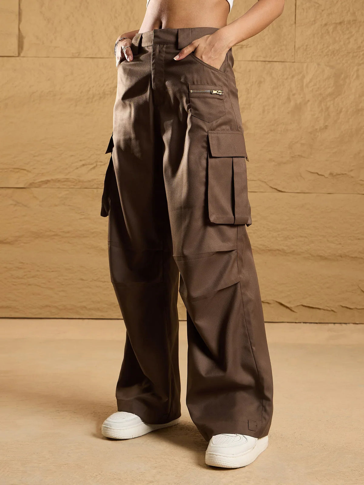 Women Brown Side Pockets Parachute Korean Cargo Pants-SFPANT50855