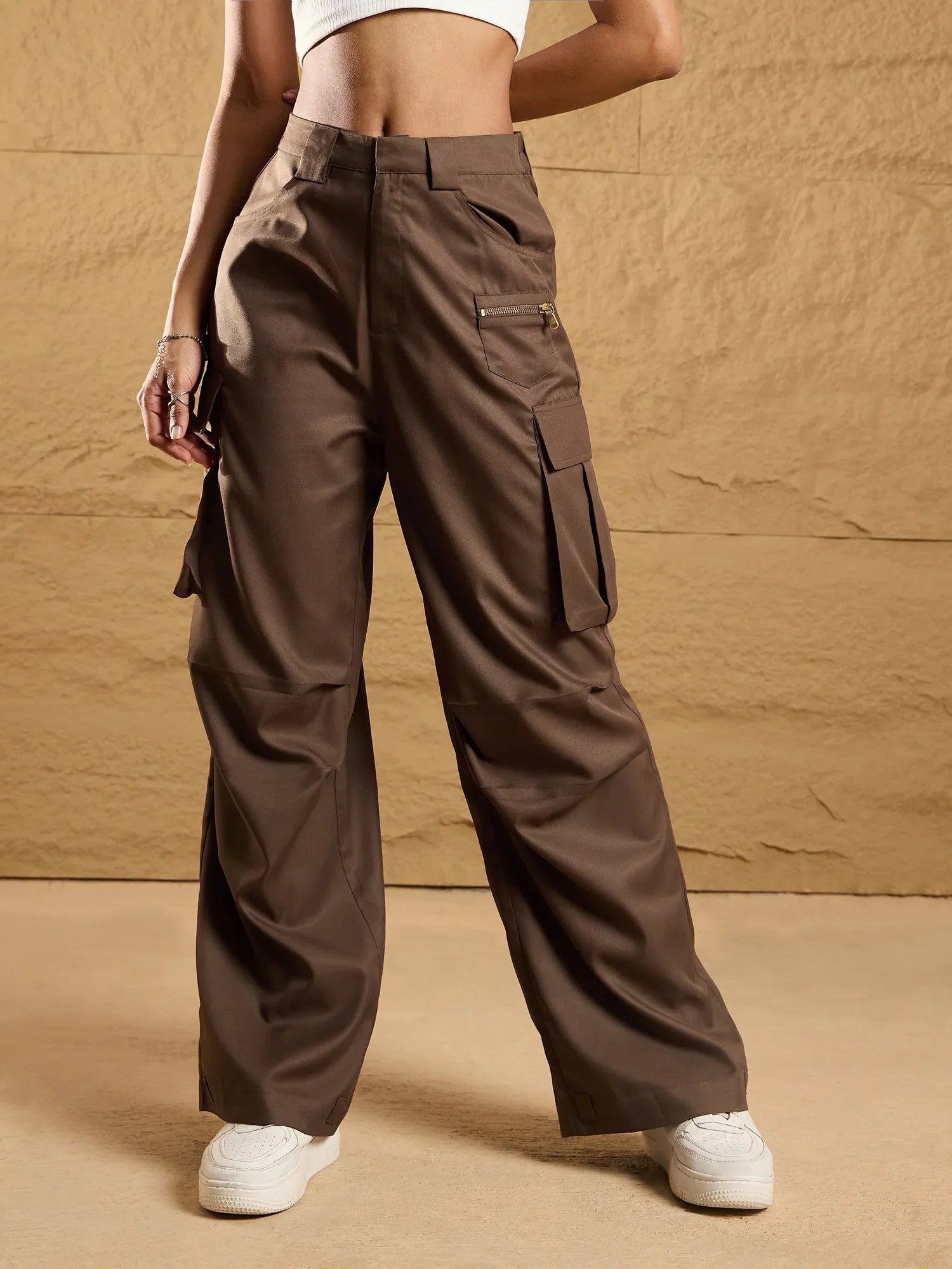 Brown Parachute Cargo Pants - Women's Western Wear Outfits