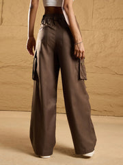 Women Brown Side Pockets Parachute Korean Cargo Pants-SFPANT50855