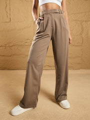 Women Beige Waist Belt Comfort Fit Korean Pants-SFPANT50858