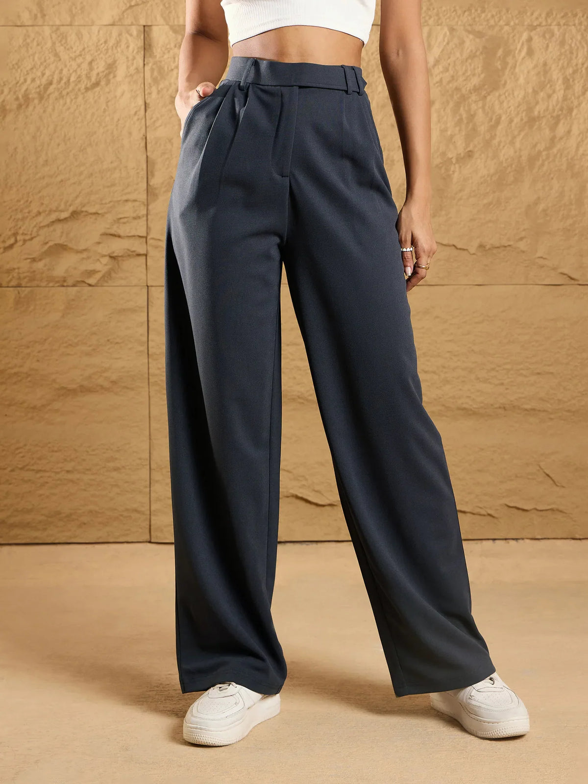 Women Steel Grey Waist Belt Comfort Fit Korean Pants-SFPANT50859