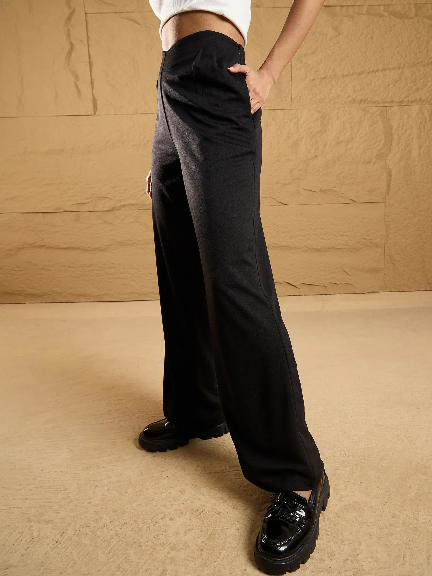 Black Pleated Korean Pants - Women's Western Outfits
