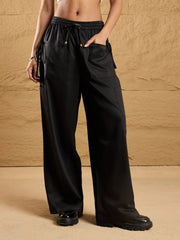 Women Black Waist Drawstring Cargo Pants-SFPANT50870
