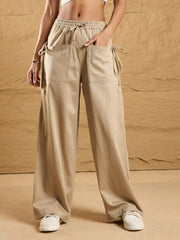 Women Beige Waist Drawstring Cargo Pants-SFPANT50871