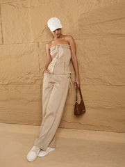 Women Beige Waist Drawstring Cargo Pants-SFPANT50871