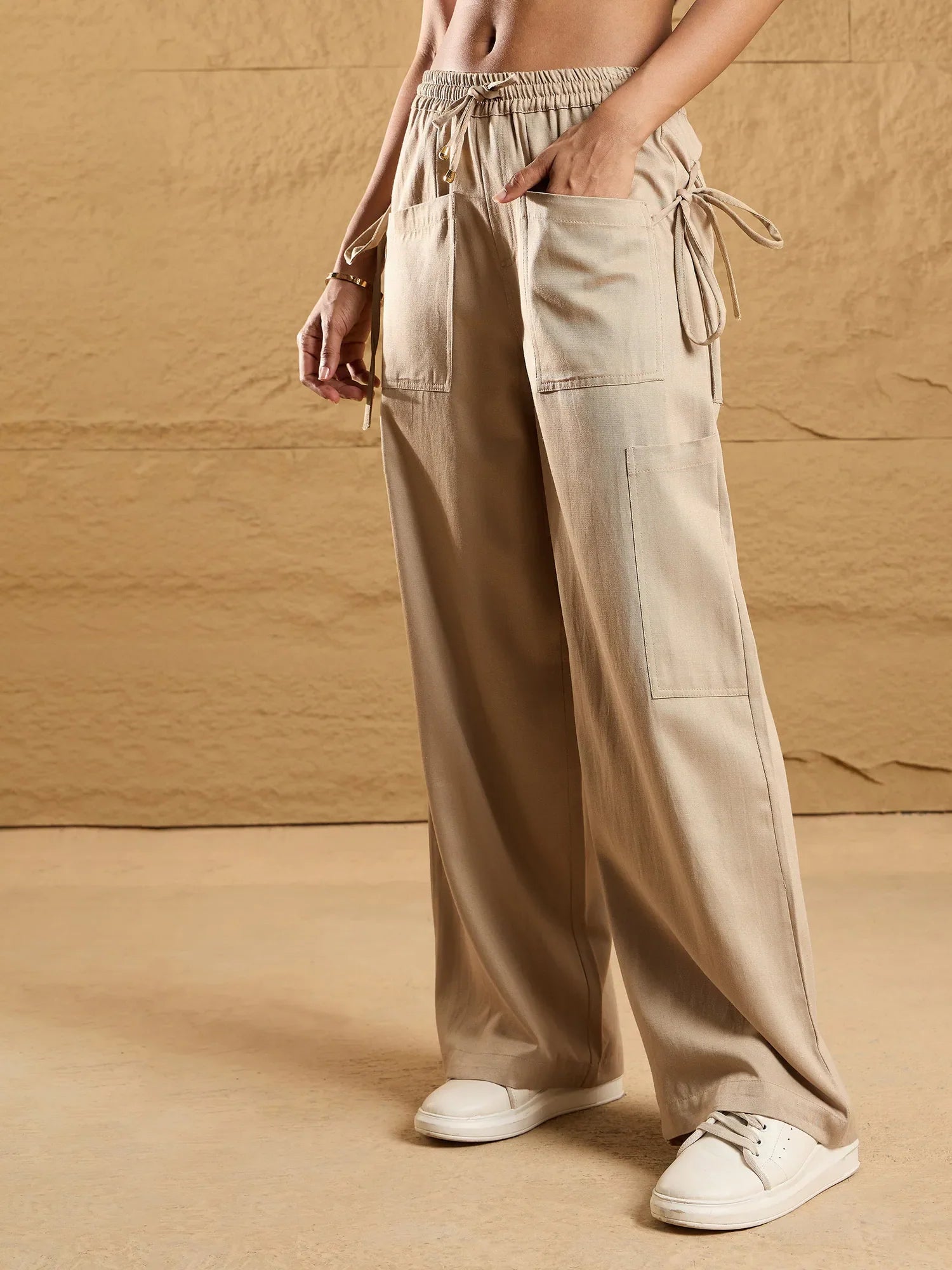 Beige Drawstring Cargo Pants - Women's Western Clothing
