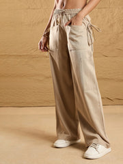 Women Beige Waist Drawstring Cargo Pants-SFPANT50871