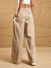 Women Beige Waist Drawstring Cargo Pants-SFPANT50871