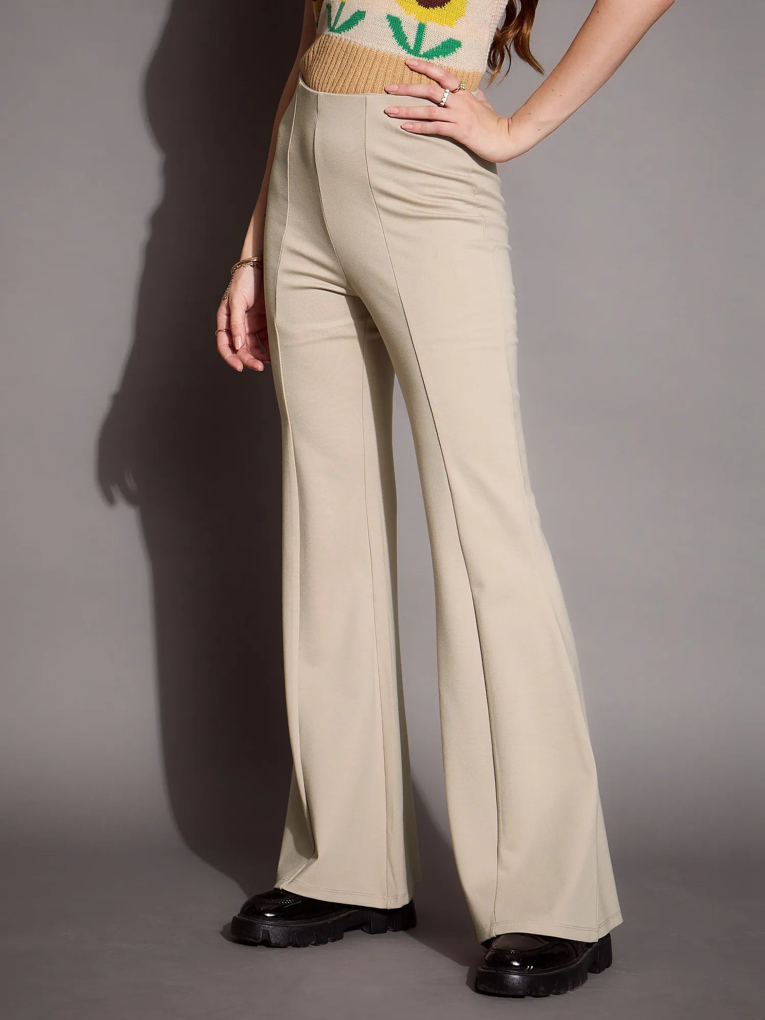 Beige Bootcut Flared High-Rise Trousers | Women's Western Wear