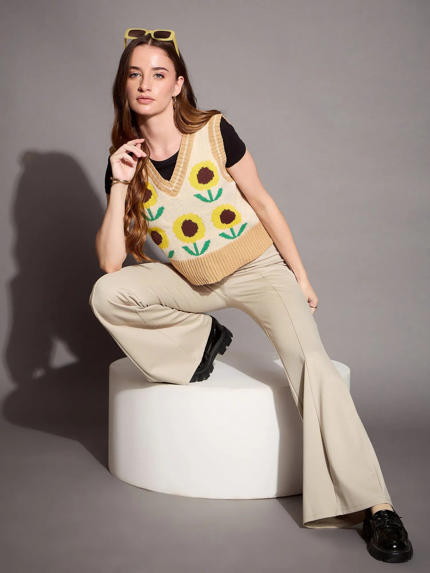 Beige Bootcut Flared High-Rise Trousers | Women's Western Wear