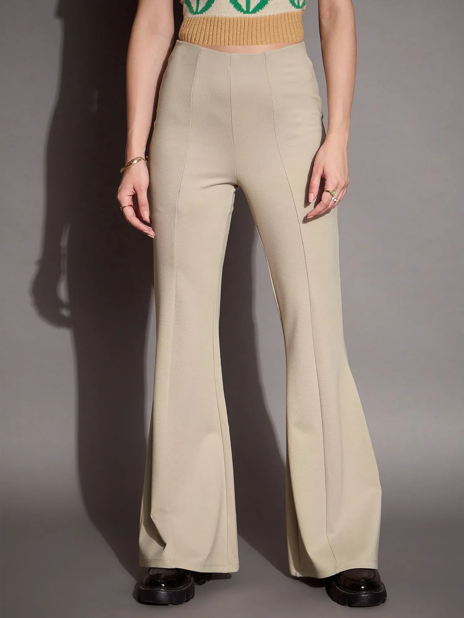 Beige Bootcut Flared High-Rise Trousers | Women's Western Wear