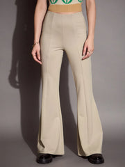 Women Beige Bootcut Flared High-Rise Trousers-SFPANT50877
