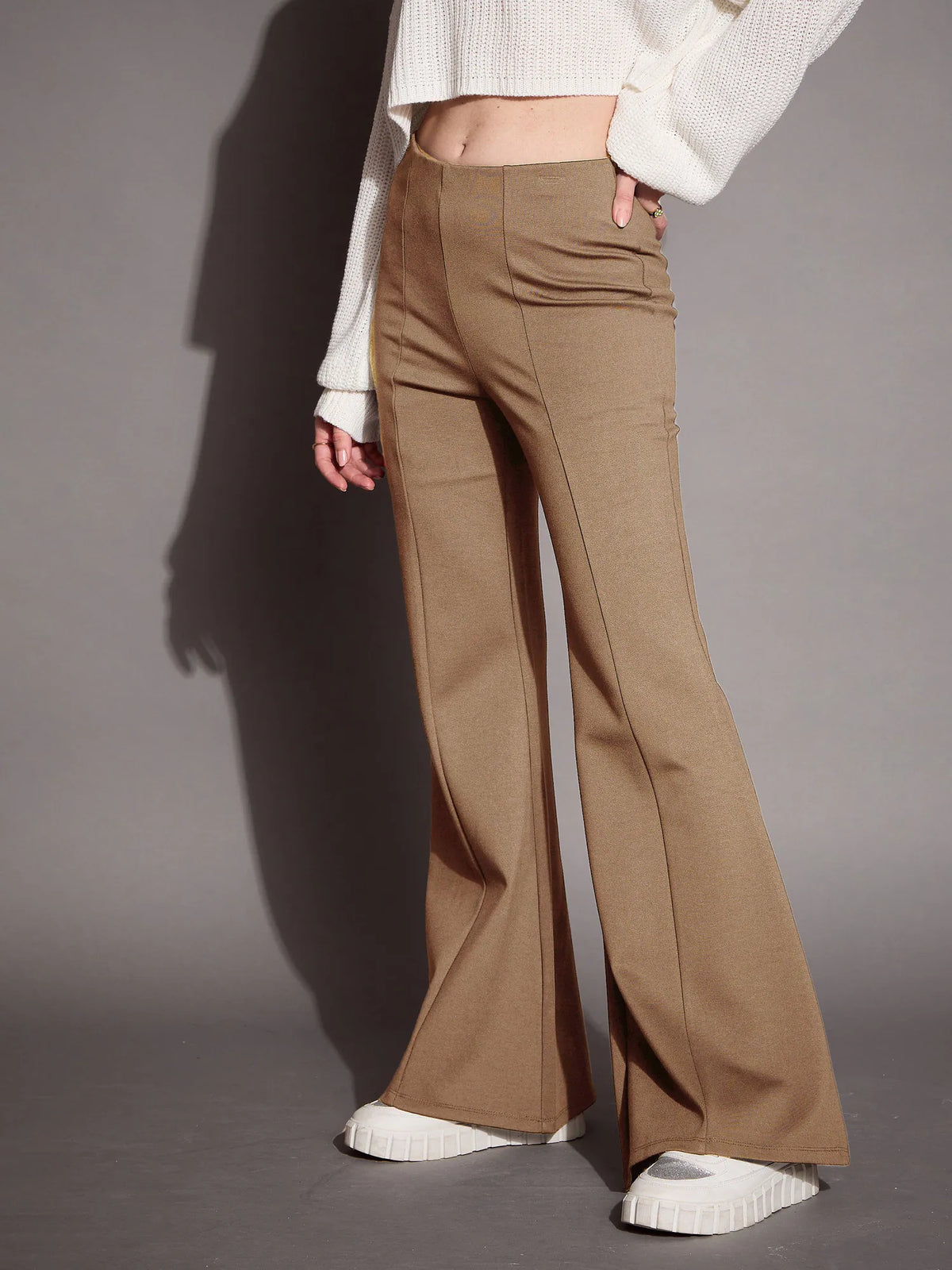 Women Brown Bootcut Flared High-Rise Trousers-SFPANT50878