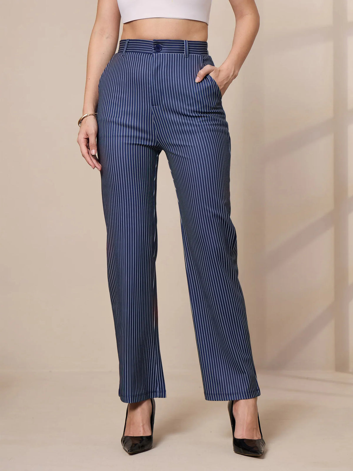 Women Navy Striped Straight Fit Trousers-SFPANT50901