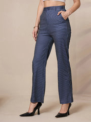 Women Navy Striped Straight Fit Trousers-SFPANT50901